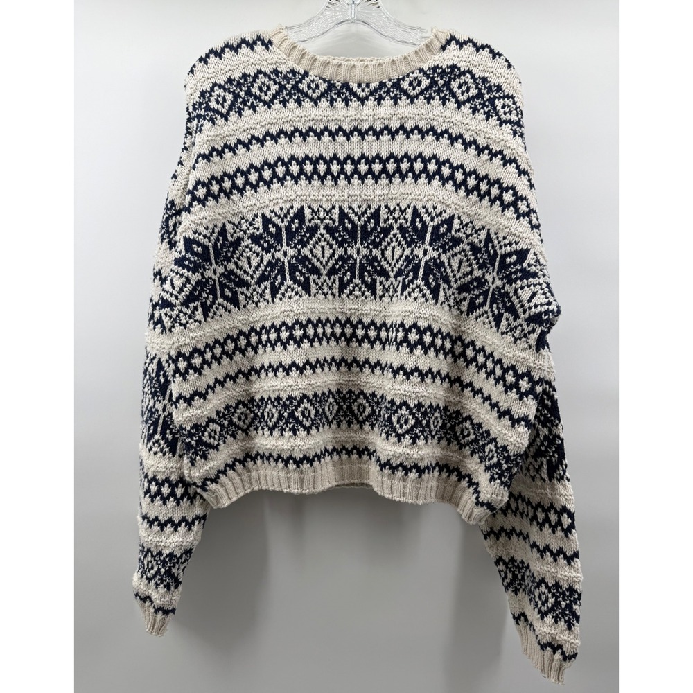 Eddie Bauer Vintage Fair Isle Snowflake Sweater Navy Cream Cotton Blend XL USA